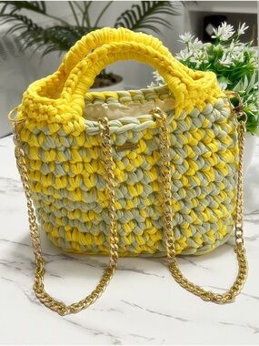 Handmade Yellow & Light Green Crochet Tote Bag with Gold Chain
